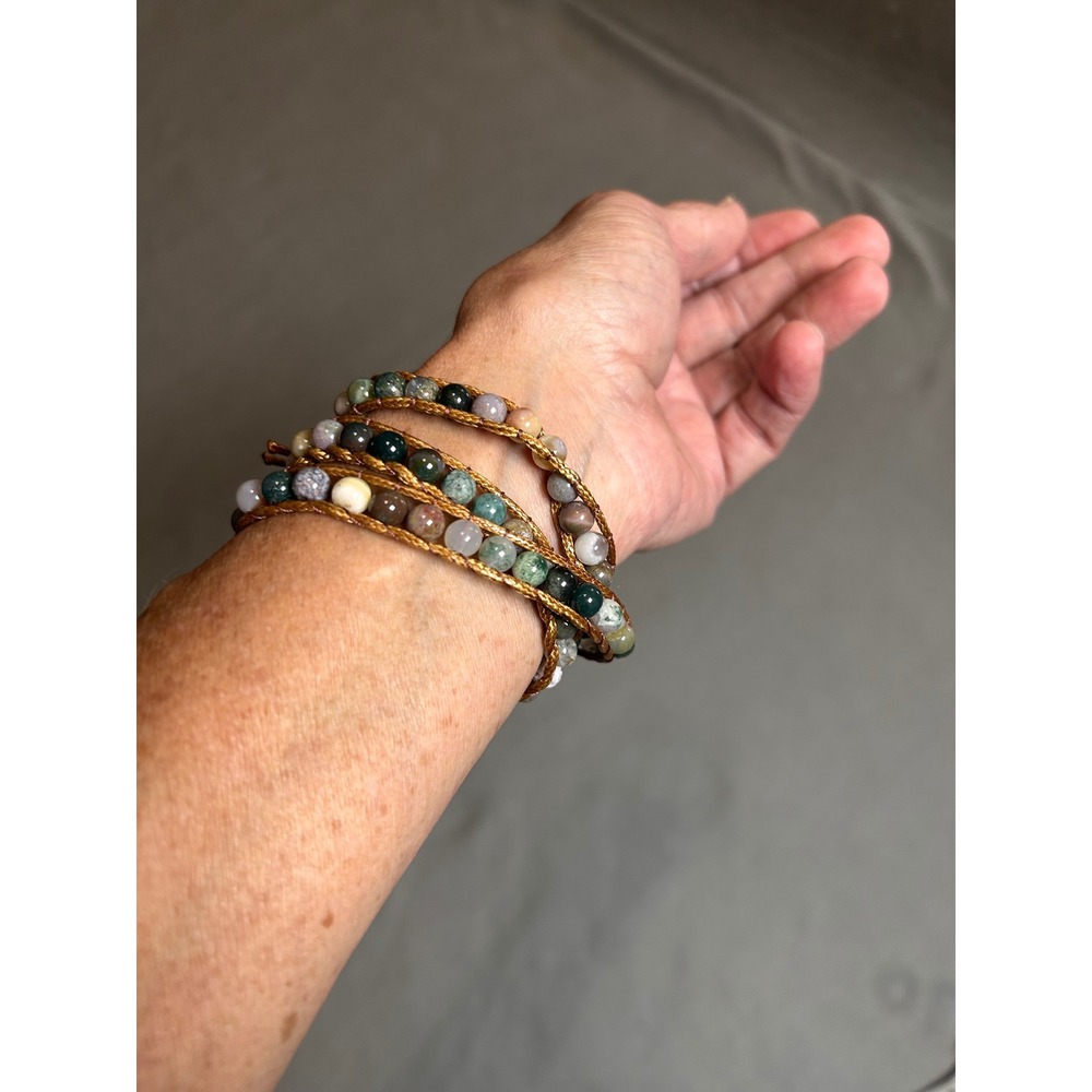 Boho Multi Stone Beaded Wrap Bracelet Gold Cord Silver Sunflower Toggle Closure - Picture 4 of 5